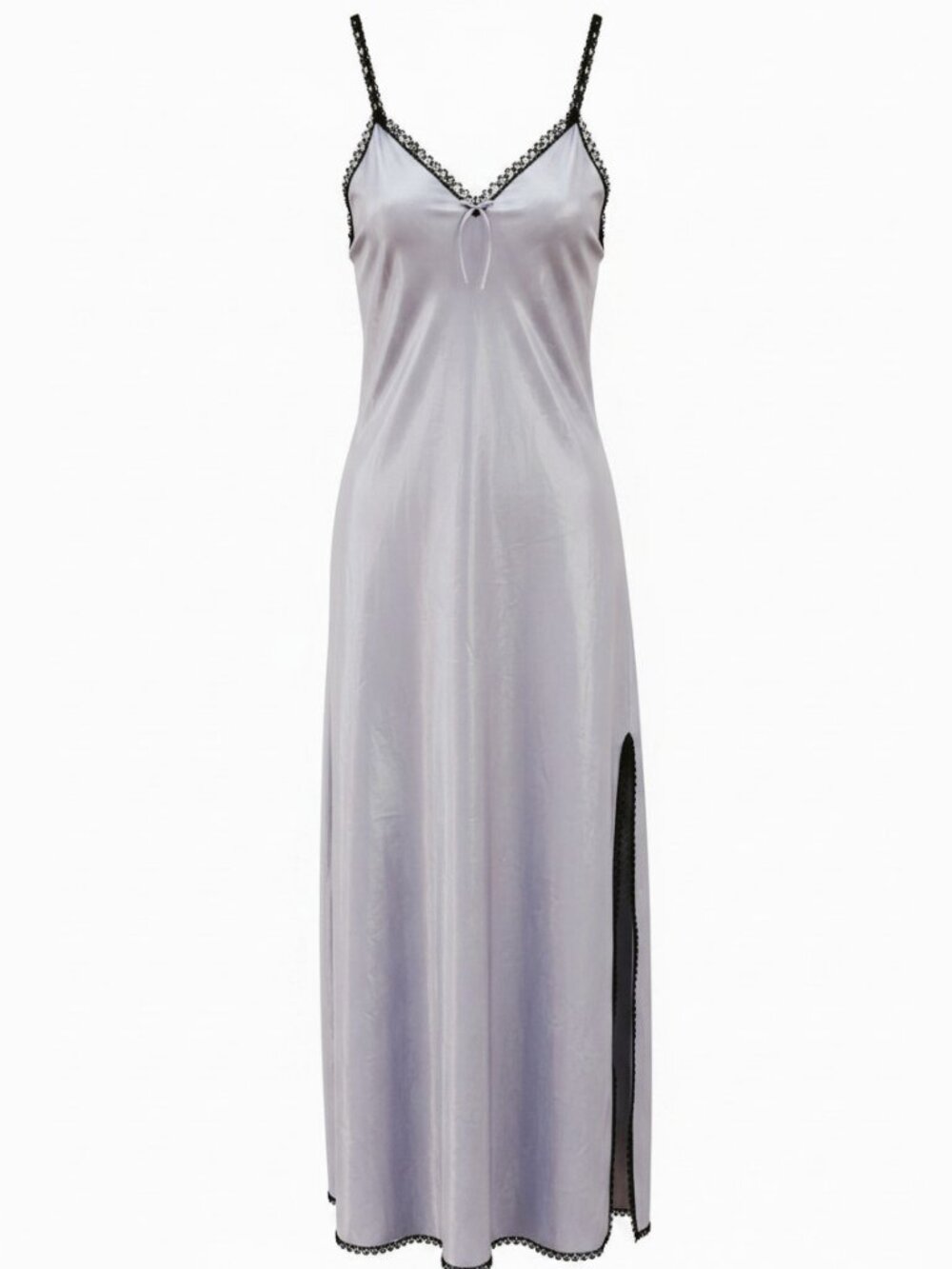 Vintage Satin Slip Dress Lingerie Lavendar Grey Black Crochet Lace Trim Slit S